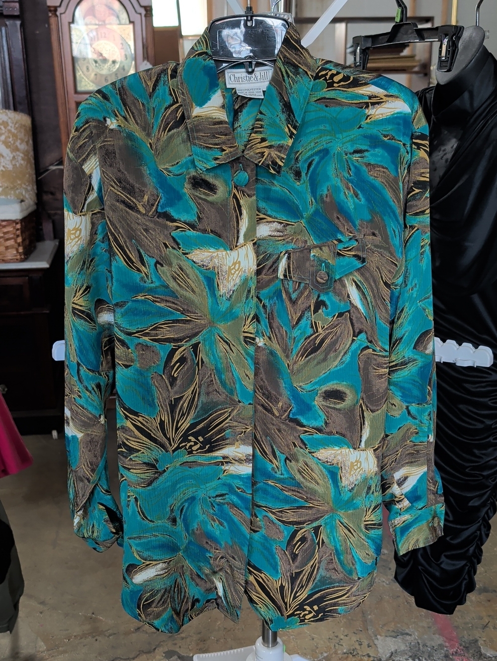 Vintage Christie & Jill Teal Botanical Print Button-Up Shirt